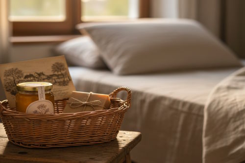 Rustic welcome basket in a boutique hotel featuring local honey, handmade soap, and a postcard on a wooden table in warm afternoon sunlight.